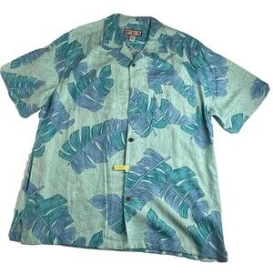 CARIBBEAN JOE Mens Hawaiian Button down Shirt XL Palm Pocket Tropical Blue Rayon